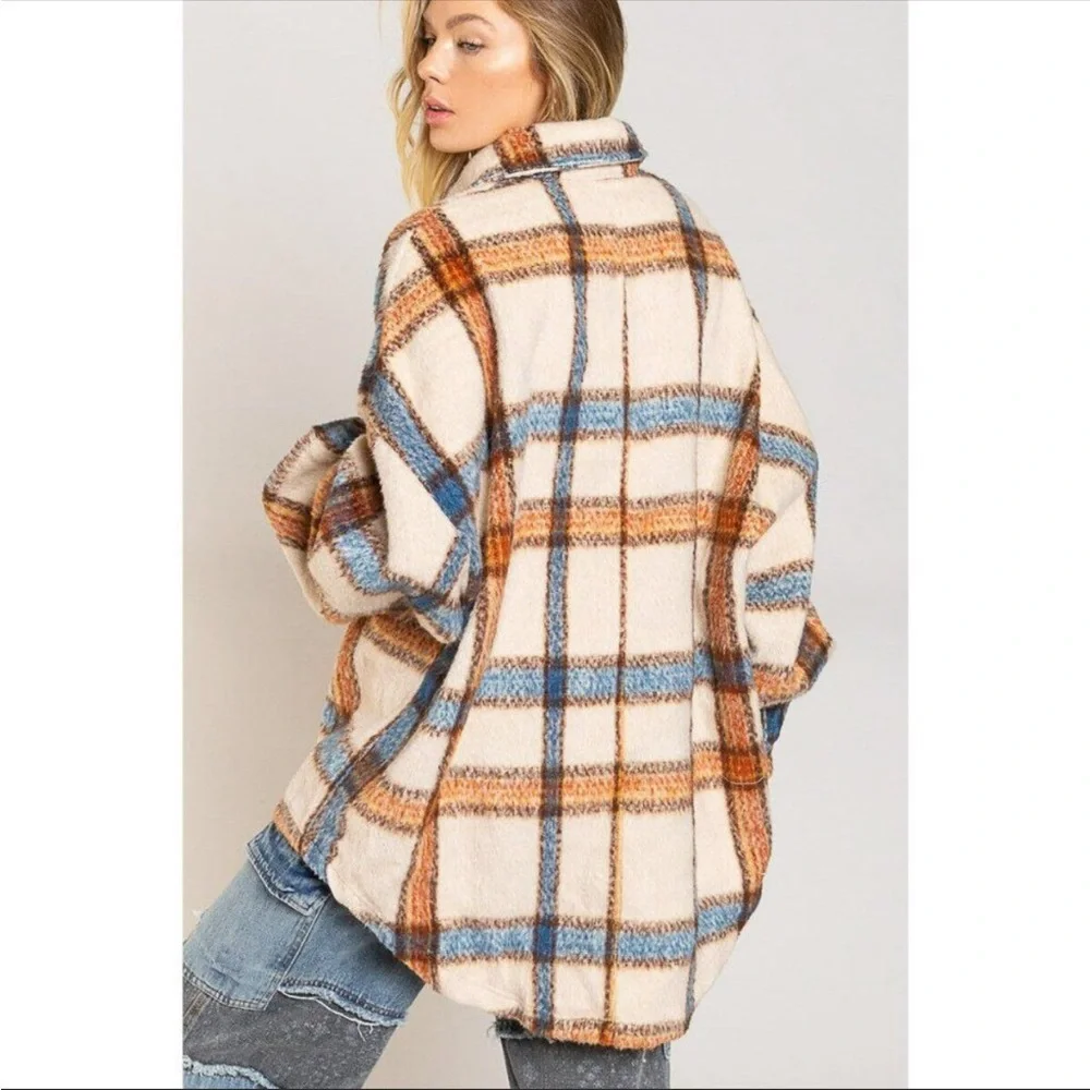 Cream Plaid Shacket Jacket Oversized Relaxed Fit - Picture 5 of 12